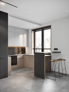 A modern minimalist kitchen with wood cabinets, stone countertops, and a kitchen island.