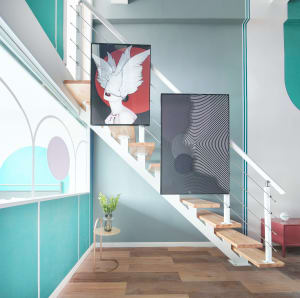 Stairs with modern decoration featuring a bird and geometric shapes, with wooden steps and a teal wall.