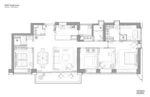 190 square meter residential apartment layout with three bedrooms, two bathrooms, and an open kitchen and living area.