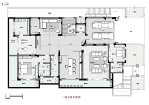 Modern residential floor plan featuring multiple rooms and a garage.