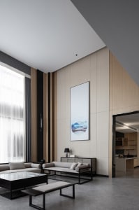 Modern minimalist living room featuring wood-paneled walls and glass accents.
