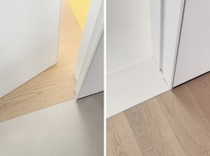 Modern floor design featuring a transition from wooden to white flooring