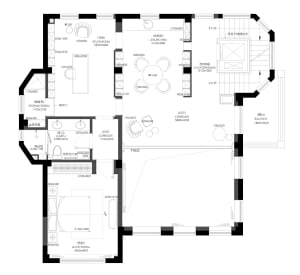 Modern living room with open layout, large windows, and minimalist decor.