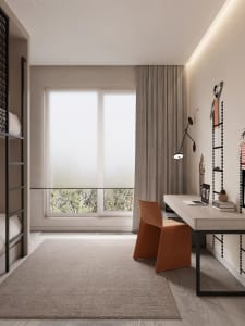 A modern minimalist bedroom featuring a double bunk bed, a workspace with a desk and orange chair, and a large window with cu