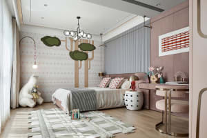 A minimalist bedroom featuring a wood rug and wooden furniture.
