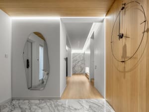 Modern entrance hall with marble flooring and wooden paneling.