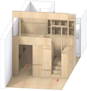 A modern loft apartment with wooden floors, featuring a mezzanine level bedroom and storage space, designed with minimalist s