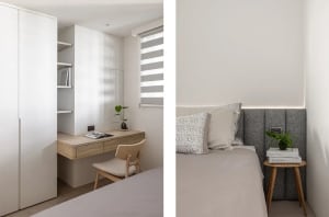 Minimalist bedroom with wood furniture and gray headboard.