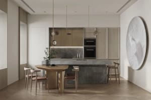 Modern kitchen featuring wooden furniture, marble countertops, and metal accents