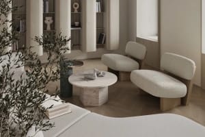 Modern minimalist living room featuring textured cotton fabric furniture and neutral color palette.