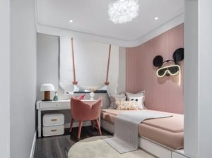 Minimalist bedroom featuring a single bed, wooden floor, fabric curtains, and plaster walls