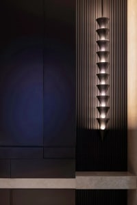 A modern, industrial interior space featuring vertical metal lights with a stepped pattern against a black wood panel backdro