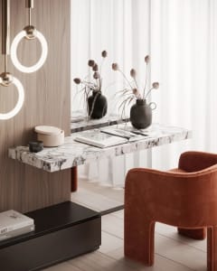 Modern Home Office with minimalist design featuring a marble desk and orange chair.