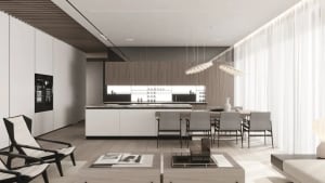 A modern residential kitchen featuring white tiles and wooden elements.