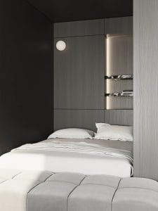 Modern minimalist bedroom featuring wooden panels on the wall and a sleek, clean design.
