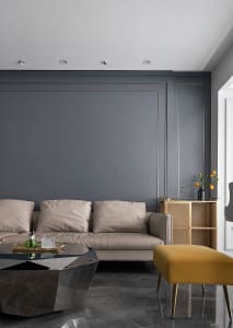 A minimalist living room featuring a metal and wood combination furniture and decor.