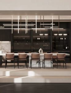 Contemporary kitchen with marble countertops and metallic accents