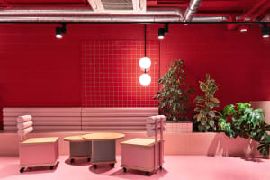 A modern cafeteria interior with pink walls and furniture, featuring industrial-style pendant lights and green plants.