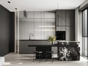 Modern minimalist kitchen featuring a kitchen island with black marble countertops and black stools.