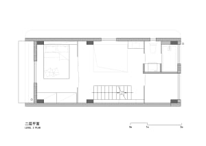 Modern residential floor plan featuring a concrete structure with a staircase and two bedrooms.