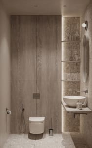 Modern bathroom featuring marble and wood paneling.