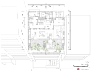 Floor plan of a modern house showing rooms and dimensions.