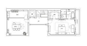 Floor plan showing a modern living space layout with living room, dining area, kitchen, bathroom, and bedroom.