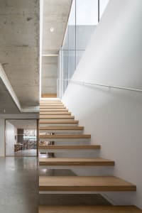 A modern staircase with wooden steps and concrete walls.