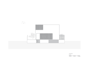Elevation drawing of a building with concrete walls and metal mesh panels.