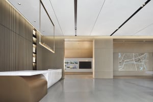 Modern minimalist office lobby with a wooden texture interior design