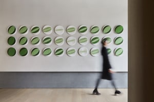 Sparse arrangement of green acrylic circles depicting abstract wave patterns.