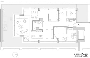 Floor plan of a modern residential apartment depicting the layout and furniture placement.