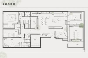 This is a detailed architectural floor plan of a modern residential layout, featuring multiple rooms and functional areas.