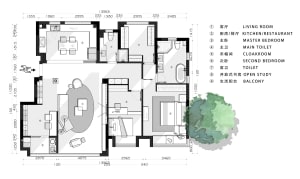 Detailed 2D architectural floor plan with labeled rooms and dimensions.