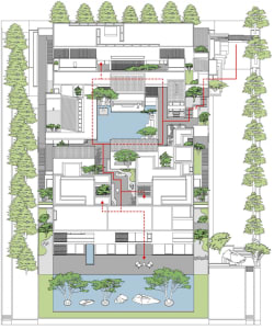 Floor plan of a modern house with contemporary design elements.