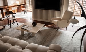 A cozy modern living room featuring comfortable cushioned furniture and a textured, natural fiber rug.