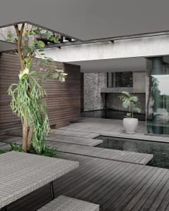 An industrial-style house exterior with a wooden deck, glass walls, and a small swimming pool.