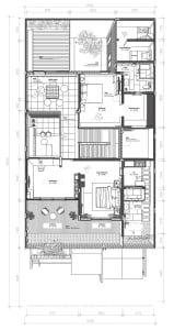 Floor plan of a modern house with various rooms including living room, kitchen, bedrooms, and bathrooms.