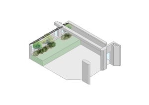 Modern concrete roof garden exterior with greenery and plants.
