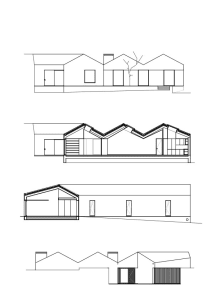 House exterior architectural plan showing roof structure, windows, and doors.