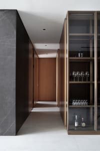 Modern minimalist residential interior featuring black, white, and grey color palette with wood accents.