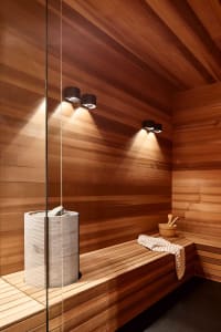 Modern industrial spa interior with wooden elements