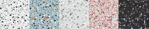 Modern interior design showcasing various patterns of terrazzo flooring.