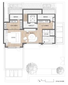 Detailed architectural drawing of a modern residential interior layout, showing spaces such as bedrooms, bathrooms, and stora