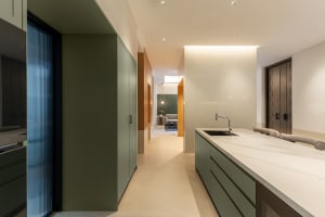 A modern residential interior with green kitchen cabinetry and marble countertops.