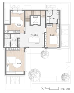 Modern residential floor plan including bedrooms, bathrooms, living area, and stairs.