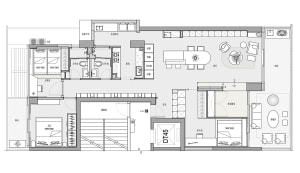 Floor plan illustration of a modern residential building with multiple rooms and living spaces.