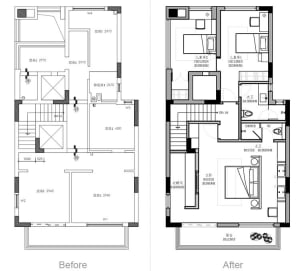 A detailed floor plan showcasing architectural design changes between two states.