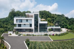 Modern house exterior with glass and cement materials, surrounded by a garden.