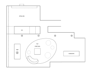 Floor plan of a modern living room with distinct zones for sitting, play, cooking, and dining.